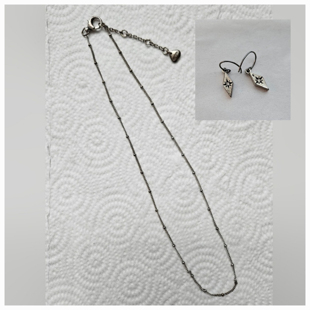 EUC Fossil Beaded Necklace and Earrings, Silvertone